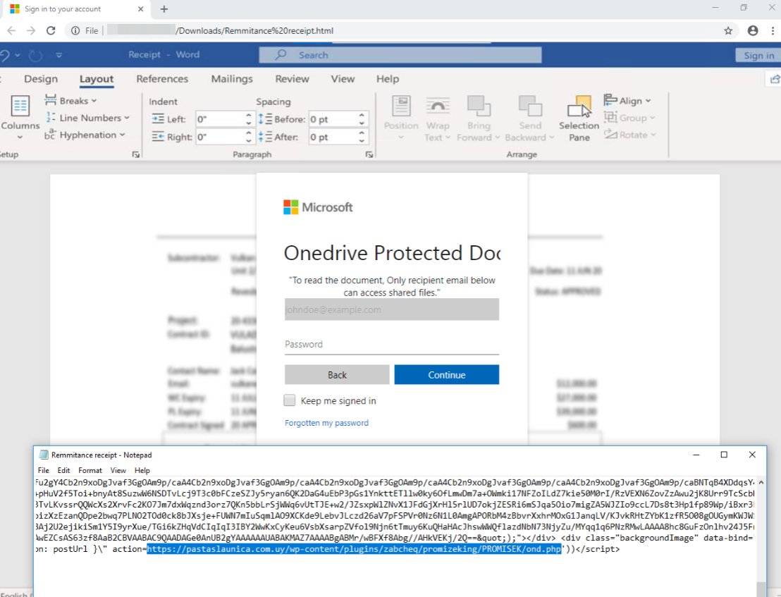 joshjaggard's tweet photo. #phishing email with html attachment posting creds to hxxps://pastaslaunica[.]com[.]uy/wp-content/plugins/zabcheq/promizeking/PROMISEK/ond[.]php. Phish page is imitating Microsoft 365/OneDrive. @illegalFawn https://t.co/sqkX7U5NDt