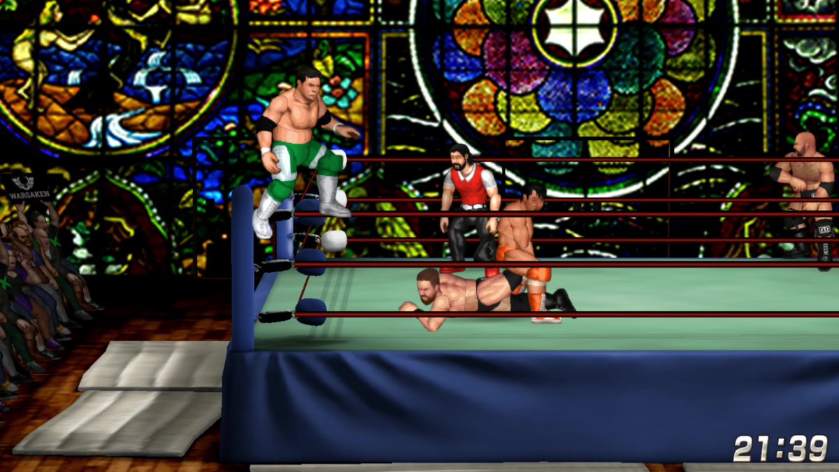 fireproworldfan's tweet photo. You can have fans in front of the stained glass wall, but it looked terrible every time I tried. 

With this, I have blanks for the FL (Facing Left) fans and the near-side fans. FR isn't perfect, but using standing fans proved helpful. 

In the queue: Misawa &amp; Kobashi vs. FTR! https://t.co/1qyapCUc2j