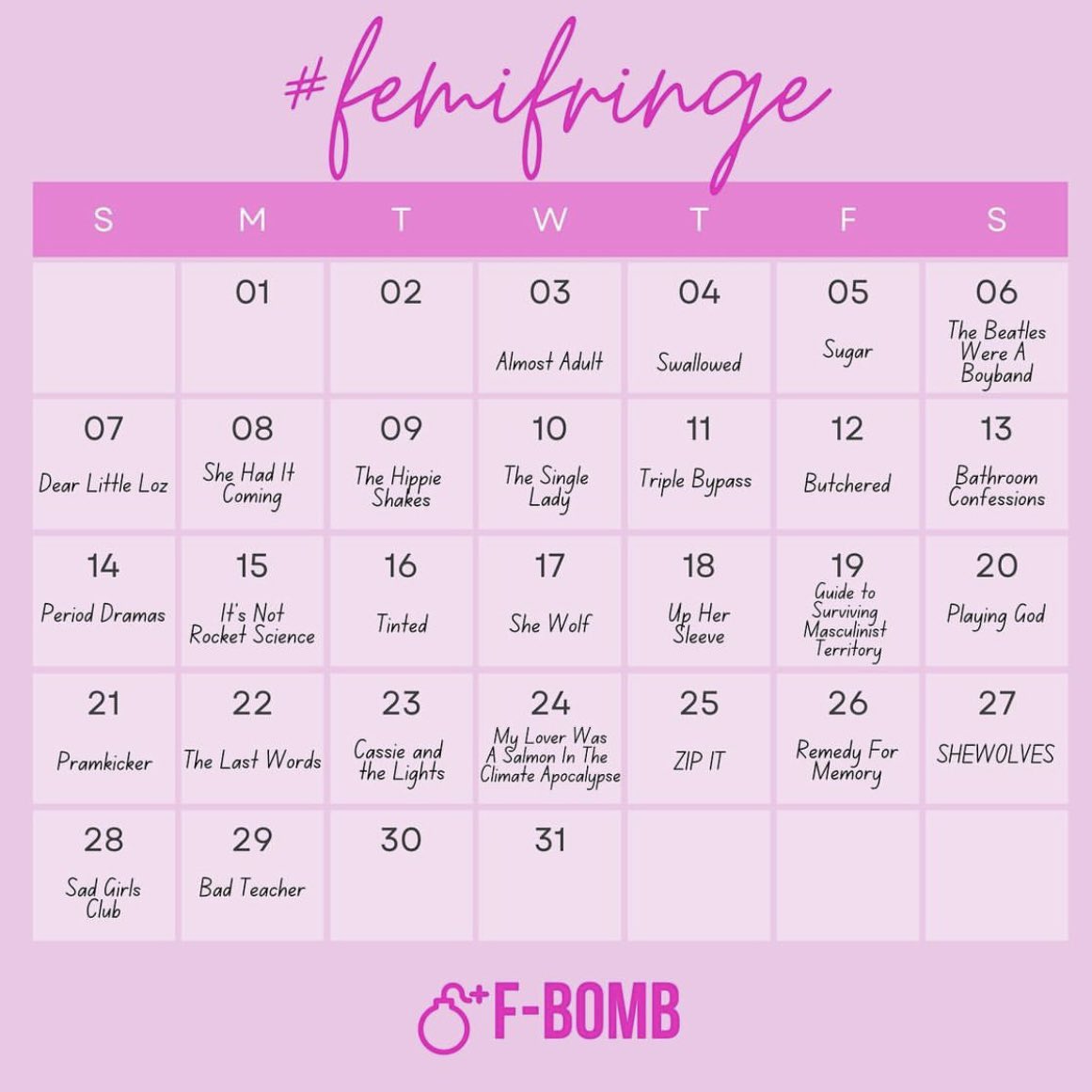 Thank you so much to <a href="/fbombtheatre/">F-BOMB THEATRE @fbombtheatre.bsky.social</a> for including us in this amazing #femifringe calendar!
Come to <a href="/edfringe/">Edinburgh Festival Fringe</a> and see a new woman led show every single day!! 

@ anyone we couldn’t tag!!

#edfringe2022 #newwriting #feministwriting #feministplay