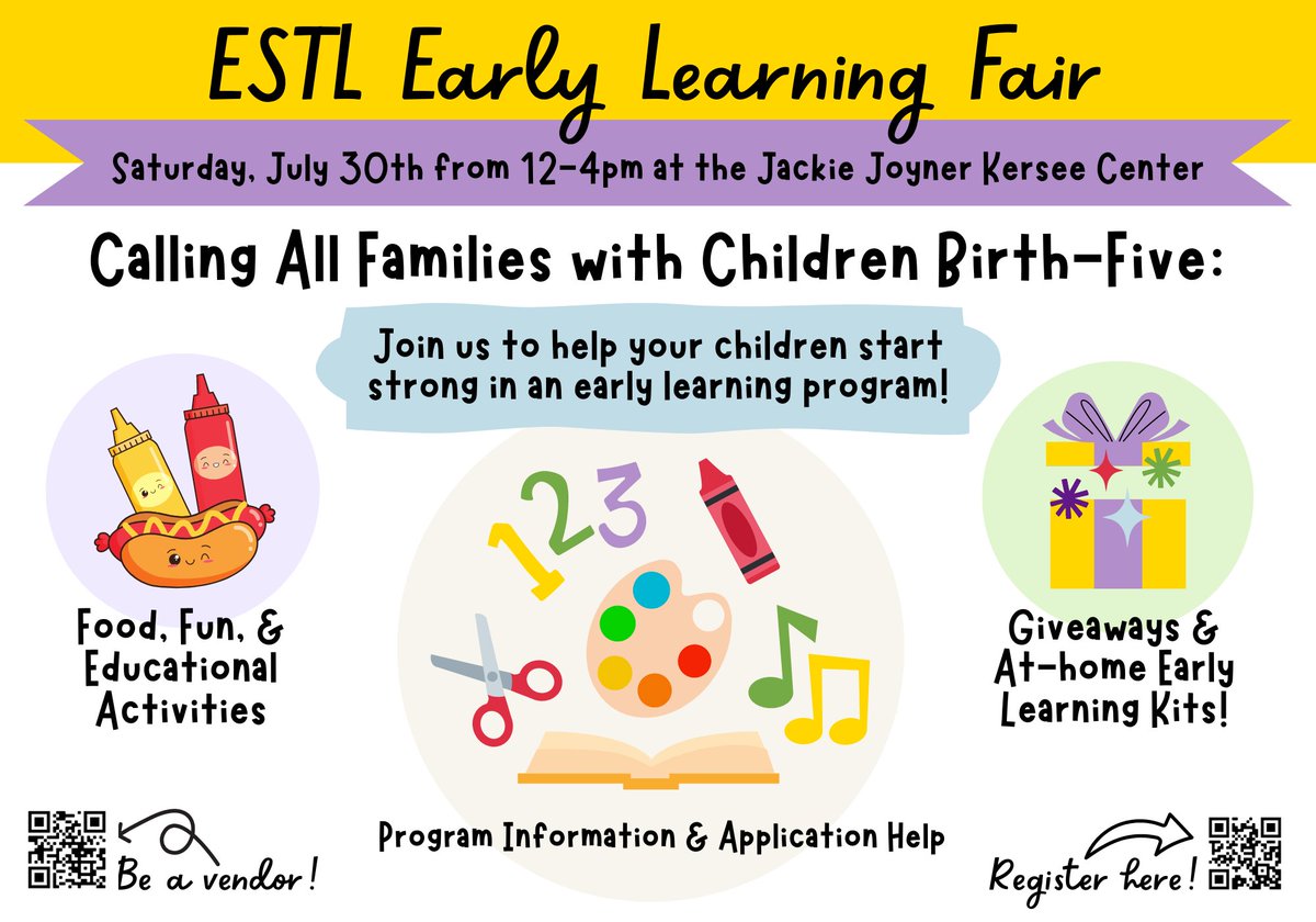DO NOT MISS OUT THIS SATURDAY!!
Calling all ESTL families: Join us for our annual Early Learning Fair! Register here (optional): tinyurl.com/rse2022
Want to be a vendor? (No cost): Sign up at tinyurl.com/rseVENDOR
Have questions? Email krichardson@eastsidealigned.org
