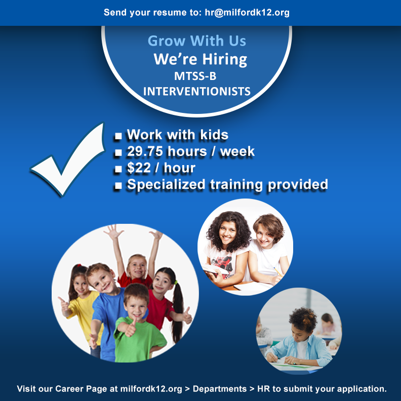 Sau40Schools's tweet photo. PLEASE SHARE!  #HIRINGNOW #HiringAlert 
🧩 You're our missing piece!  Come work with our awesome kids in the Milford School District!  Supportive work environment, training, and opportunities to grow professionally!
FOR MORE INFO:  https://t.co/jwQDd2zRmG https://t.co/tO7X3lt5P3