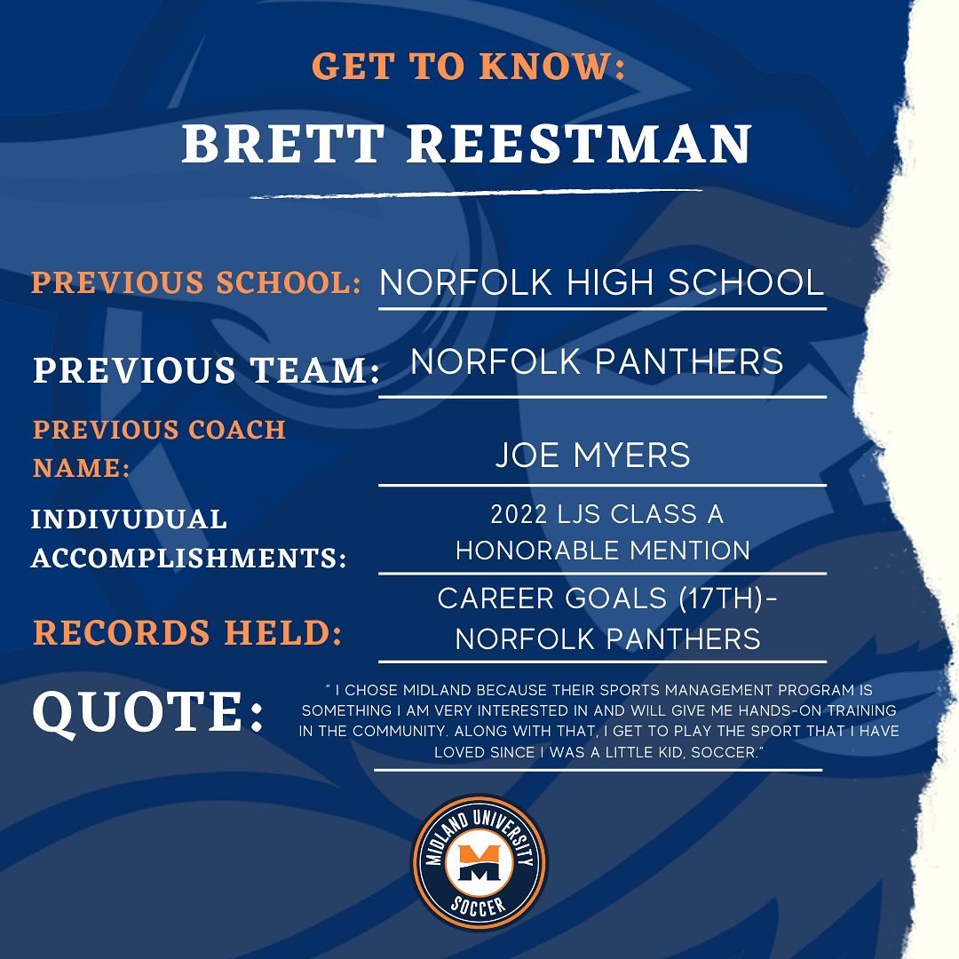 MidlandSoccer's tweet photo. 🆕✍🏻🇺🇸

Please welcome our latest signing to our squads, Brett Reestman! Brett is a Nebraska native from Norfolk that will be joining us very soon! 

Welcome to the #WarriorFamily Brett!🇺🇸 https://t.co/Tu5n1HjPWu
