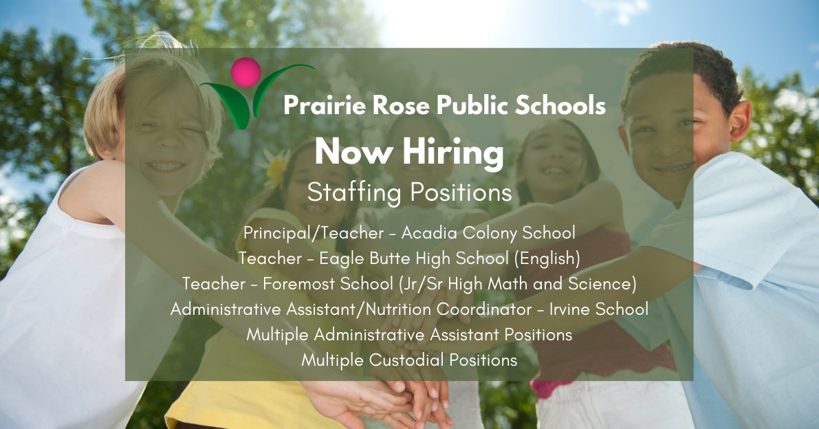 Prairie Rose Public Schools is still looking to hire multiple staffing positions for the fall. Learn more by visiting the Careers/Employment page of our website: myprps.com/employment #myprps #weareallprairierose