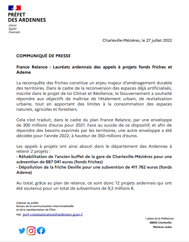 Prefet08's tweet photo. [COMMUNIQUE DE PRESSE] 
@FranceRelance : Lauréats ardennais des appels à projets fonds friches et Ademe https://t.co/UUPUfAluT1