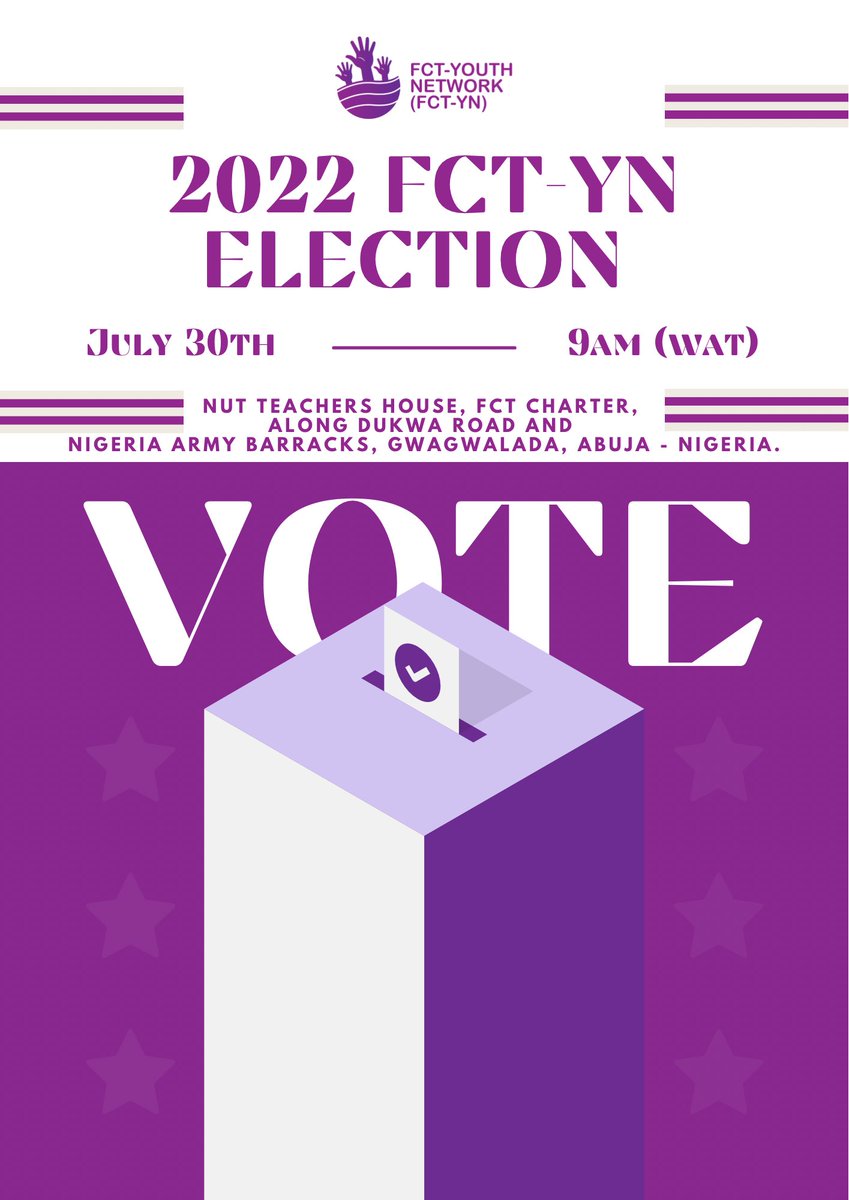 fctyouthnetwork's tweet photo. FCT-YN General Election is on Saturday 30th July, 2022, 9am at NUT Teachers House, FCT Charter, Along Dukwa Road and Nigeria army Barracks, Gwagwalada, Abuja - Nigeria, and as expressed, we're looking forward to epitomizing an ideal conduct.

1/2 https://t.co/kAdNT1TYWM
