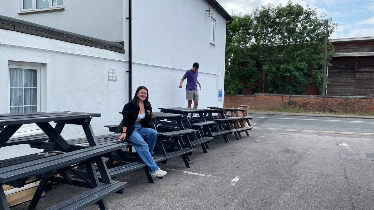 This morning before work started, I went from VP Socs and Sport to VP lift and shift. Moving all the benches from one side of the Packhorse so they can be revamped! With the help of <a href="/RHSUEducation/">Madelaine</a>, <a href="/RHSUWellbeing/">Alice VP</a> and Suzy (RHSU CEO)!