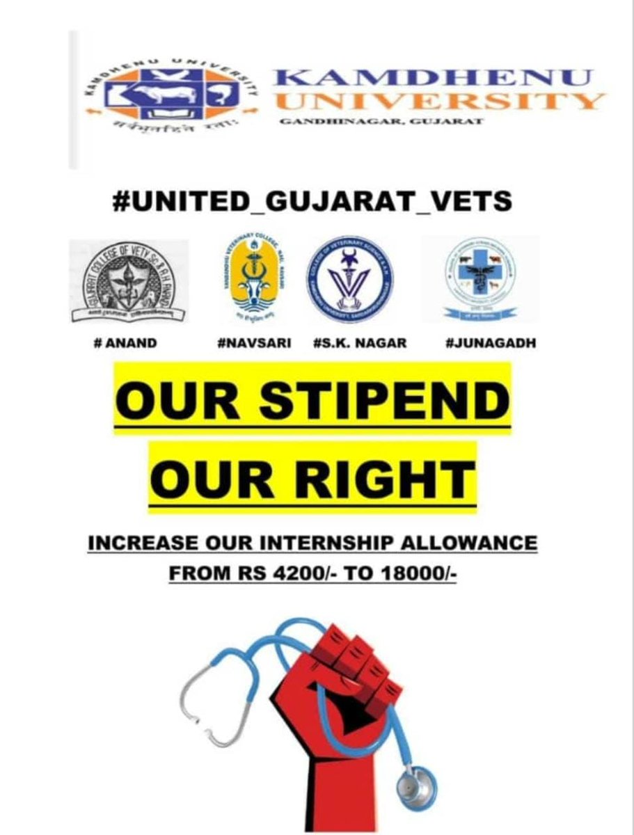 Stop insulting us by paying ₹4200 as 'Stipend'
We need Change!!💪

We demand ₹18000 stipend
#Increase_Guj_Vet_Stipend
#Guj_vet_union

<a href="/PMOIndia/">PMO India</a> <a href="/CMOGuj/">CMO Gujarat</a>
<a href="/RaghavjiPatel/">Raghavji Patel</a> <a href="/sanghaviharsh/">Harsh Sanghavi</a>
<a href="/PRupala/">Parshottam Rupala</a> <a href="/KanuDesai180/">Kanu Desai</a>
<a href="/DivyaBhaskar/">Divyabhaskar</a>
<a href="/sandeshnews/">Sandesh</a>