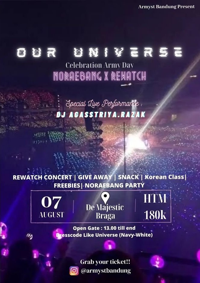 timunrasatuna's tweet photo. 📢Panggilan kepada ARMY Bandung~  

Udah tau belum kalo Armystbandung ngadain event Norebang X Rewatch concert MOTS ON:E‼️

Ada Giveaway album, Korean Class &amp; freebies juga! Ayo buruan ikutaaan!!

Let's go, chulbalhabnida!! > <

#noraebang #armyday #armybandung https://t.co/O3T9q3fcYa