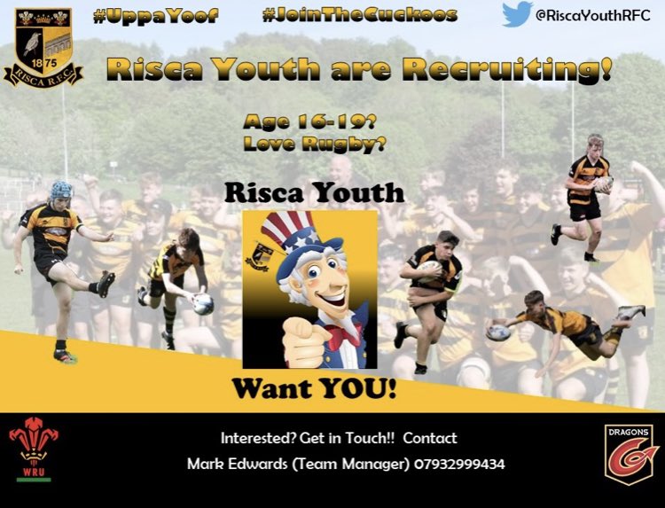 Looking for a new challenge or just wanting to get involved come and have a look at Risca Yth! 
Great bunch of boys, qualified coaches, great environment to learn or improve your skills, if interested get in contact #cuckoos #enjoyment #togetherness ⚫️🟡