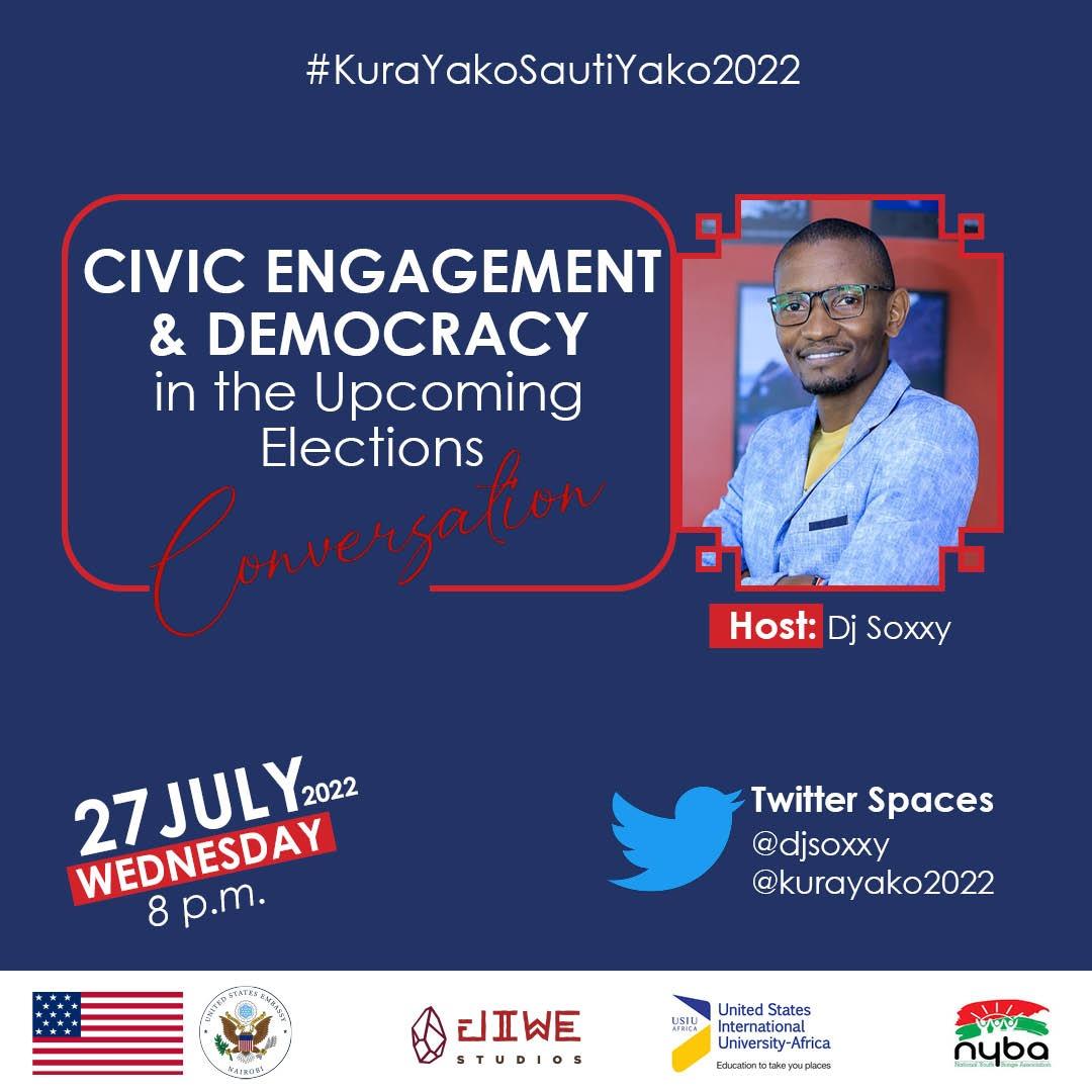Join me this evening from 8pm on Twitter spaces as we talk about Civic engagement and Democracy as we gear up to the upcoming elections. @KuraYako2022 @ExperienceUSIU #KuraayakoSautiYako2020