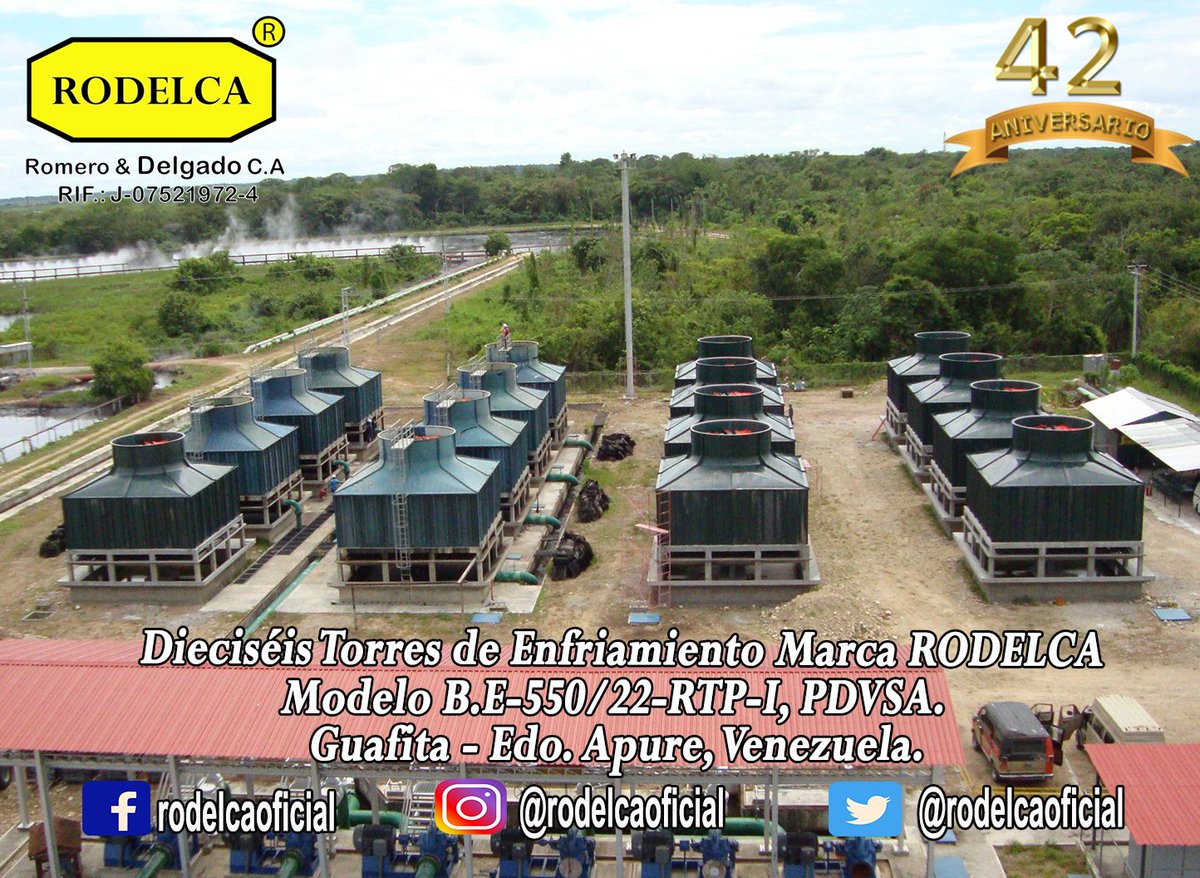 rodelcaoficial's tweet photo. Dieciséis Torres de Enfriamiento Marca RODELCA Modelo B.E-550/22-RTP-I, instaladas en la empresa PDVSA localizadas en Guafita - Estado Apure, venezuela.
.
.
.
.
.
.
.
#agua #rodelca #CoolingTower #torresdeenfriamiento #Venezuela #valencia #tecnologia #medioambiente #materiaprima https://t.co/AO0dkpvwnd