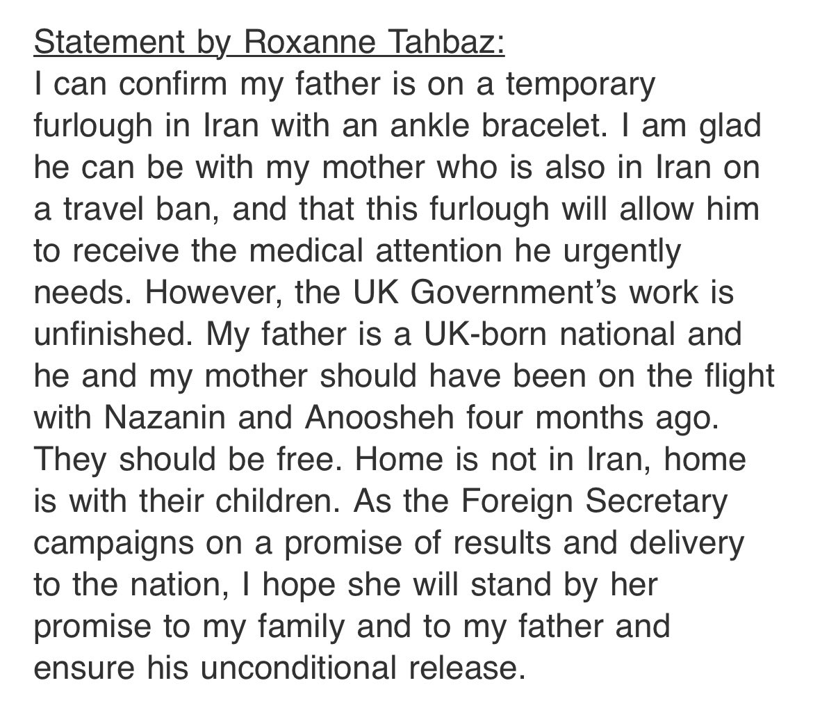 Statement by Roxanne Tahbaz on Morad’s temporary furlough: