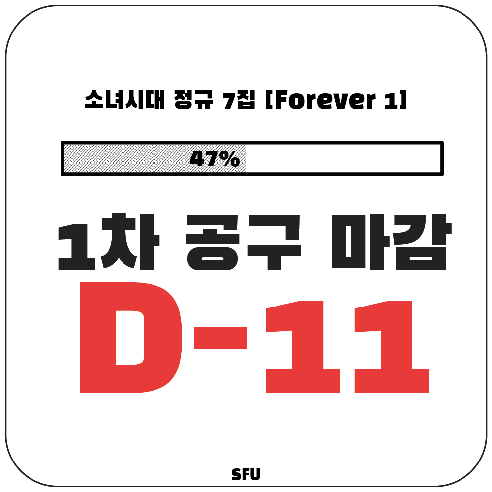 소녀시대 정규 7집 [Forever 1] 공동 구매 목표치 47% 달성했습니다. 💪

- 연합 특전은 넉넉하게 준비했으나 수량 초과 시 못 받으실 수도 있습니다. 특전 마감되면 트위터와 인스타그램에 공지합니다.
- 초기에 많이 구매해 주셔야 물량 확보가 가능합니다. 미루지 말고 지금 바로 주문해주세요.