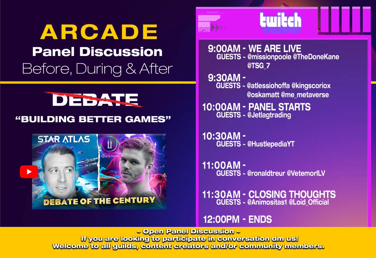 ⏰When~9AM EST
📺Where~twitch.com/arcade2earn
👾Be there
🎙️Hosted by~@jorgejimenez315 <a href="/TigerWillson/">Kyle Willson</a> 
👀 Guests~<a href="/missionpoole/">missionpoole 👾</a> <a href="/TheDonKane/">🩸Don Kane</a> @TSG__7 @atlessiohoffa <a href="/kingscoriox/">Scoriox 🌿🔥</a> <a href="/oskamatt/">OskaMatt ♊️ $LIZ</a> <a href="/me_metaverse/">Leon | MetaVerse.Explorer 🇦🇺</a> <a href="/Jetlagtrading/">Kaz.arcade</a> @HustlepediaYT <a href="/ronaldtreur/">Ronald Treur | AEP | ALF</a> @VetemorILV @Animositas1 <a href="/Loid_Official/">Loid</a>