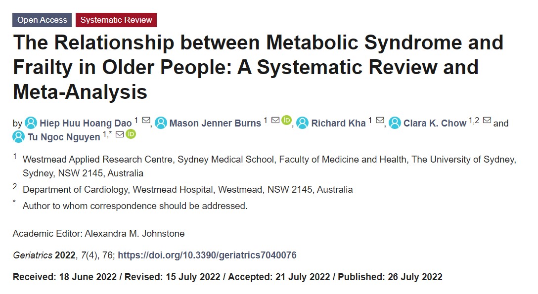 Geriatrics MDPI (@geriatrics_mdpi) on Twitter photo #Metabolic syndrome and #frailty are both common in older people. Both hindered the elder’s quality and quantity of life in their own regard, but what about their relationship?
#MetS #diabetes #hypertension #obesity #sarcopenia
<a href="/DrTuNguyen/">Tu Nguyen</a> <a href="/clara_chow/">Clara Chow</a> <a href="/WARC_USYD/">Westmead Applied Research Centre #WARC_USYD</a> #Metabolic syndrome and #frailty are both common in older people. Both hindered the elder’s quality and quantity of life in their own regard, but what about their relationship?
#MetS #diabetes #hypertension #obesity #sarcopenia
<a href="/DrTuNguyen/">Tu Nguyen</a> <a href="/clara_chow/">Clara Chow</a> <a href="/WARC_USYD/">Westmead Applied Research Centre #WARC_USYD</a>