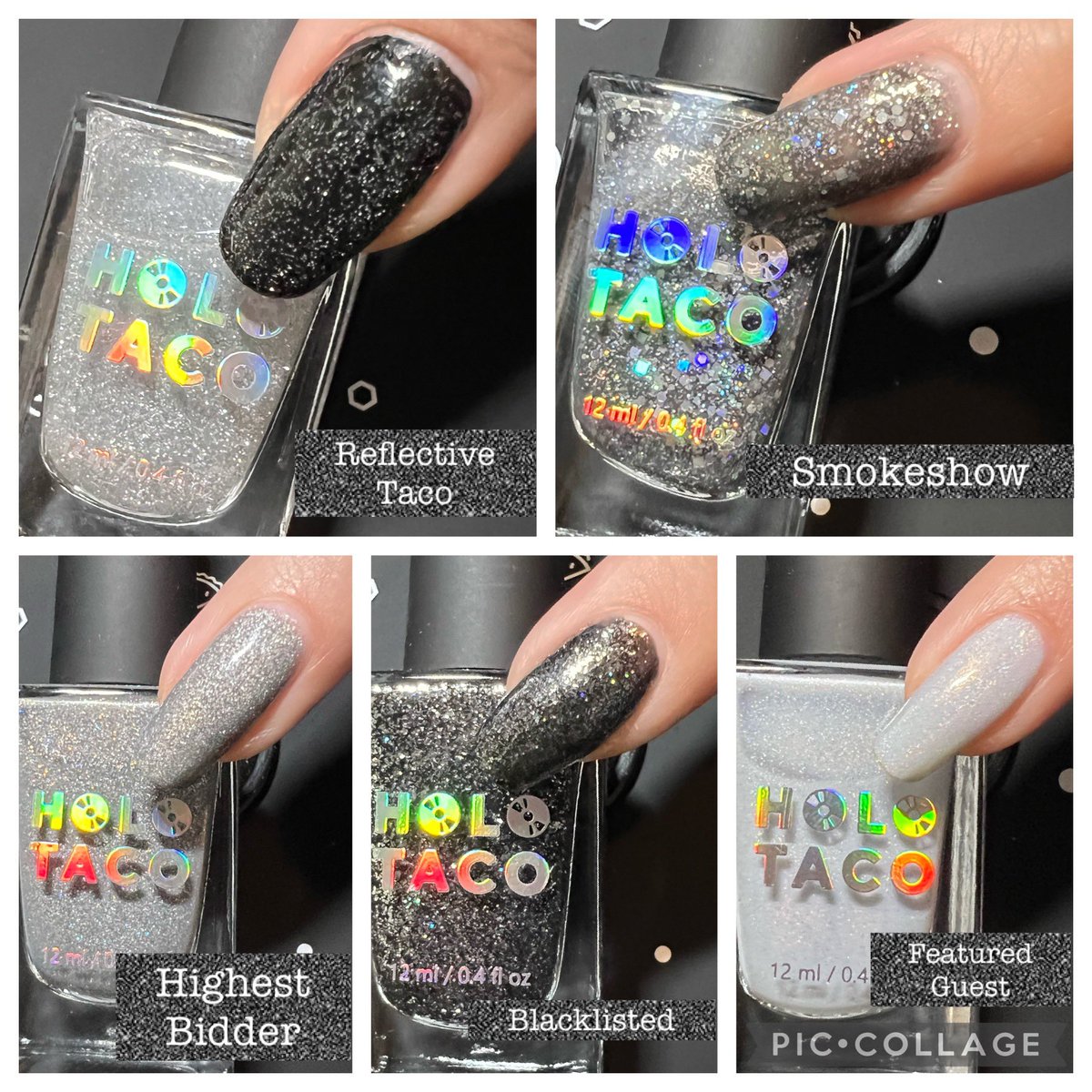 The Gala Collection! @nailogical @holotaco #ReflectiveTaco #Smokeshow #HighestBidder #BlackListed #FeaturedGuest #MelsNails #HoloTaco #GalaCollection #Swatch