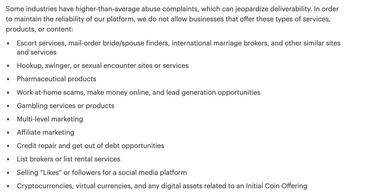 bennettleader's tweet photo. @chriscantino We got permabanned from @Mailchimp for sending https://t.co/sMAGMTnUHp event emails. Their TOS states they don’t support crypto/digital asset companies …a deliverability risk, lumped us into these scams. Sendgrid has similar wording. https://t.co/XXu6PNqkTa
