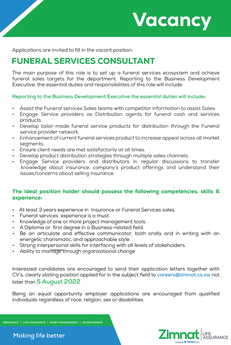 ZimnatOfficial's tweet photo. #vacancy alert!
We have an exciting opportunity for you to make life better as a funeral services consultant 😊 https://t.co/tsuNEdSnHc