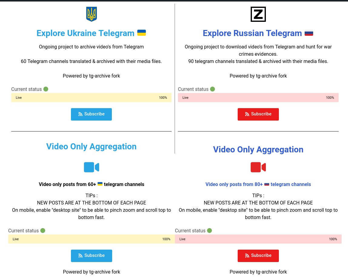 How to access our videos aggregation and tools? OSINTUkraine.com

Searchable Databases 🇺🇦🇷🇺  osintukraine.com/#databases 

Archive from 🇺🇦 telegram 🇷🇺  
OSINTukraine.com/#videos

Video Only 🇺🇦 uavideos.osintukraine.com
---
Video Only 🇷🇺 ruvideos.osintukraine.com