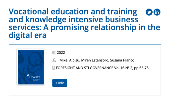 📑This paper published by <a href="/MikelAlbizu/">Mikel Albizu</a>, <a href="/MirenEstensoro/">Miren Estensoro</a> and <a href="/SForkestra/">Susana Franco</a> examines the occupational structures of Knowledge Intensive Business Services #KIBS and looks at the role that vocational training profiles can play within them ➡️bit.ly/3RrN599 #VET 
<a href="/DeustoResearch/">Deusto Research</a>