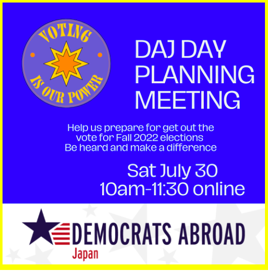 DajIntern's tweet photo. Sat July  30  10am - 11:30 am DAJ Day planning meeting #1
Help us organize DAJ DAY speakers, workshops, outreach, and social events. 
Sept 4 we launch our Fall GOTV plan. 
To find out more and to RSVP
#DAJ #Vote2022 #DemocratsAbroad #DAJDay #volunteer #GOTV https://t.co/pKND2Ok6cn