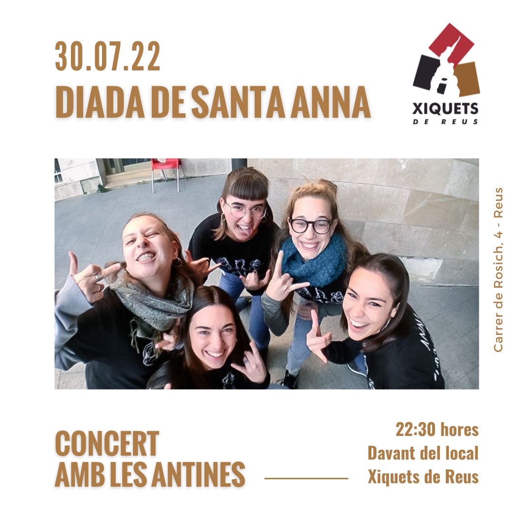 Dissabte, per acabar la #DiadaSantaAnna, a la nit concert amb  <a href="/LesAntines_/">Les Antines</a> a davant del nostre local🥳. No hi falteu, que la festa està assegurada😎. Compartiu!❤️

#Castellers #Castelleres #Concert #Reus #LesAntines