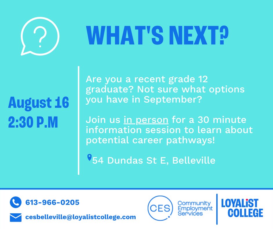 LoyalistCES's tweet photo. 🎓Attention all recent high school graduates! 🎓

Join us in person on August 16 at 2:30 PM to learn about what training, school, and employment options are available to you! Register in advance to secure your spot or just drop-in. https://t.co/97CAMOCrsQ