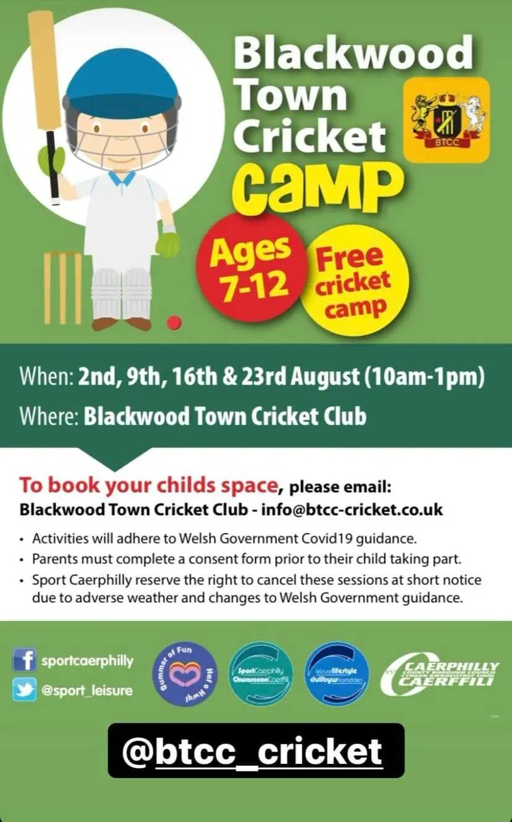 CaerphillyCBC's tweet photo. 🏏 Cricket Camp 🏏
4 FREE sessions in August to come along and enjoy.
Come and give cricket a go!

Ages 7 - 12
Email - Info@btcc-cricket.co.uk
@SportCaerpilly @CricketWales https://t.co/5RPvb3pq9O