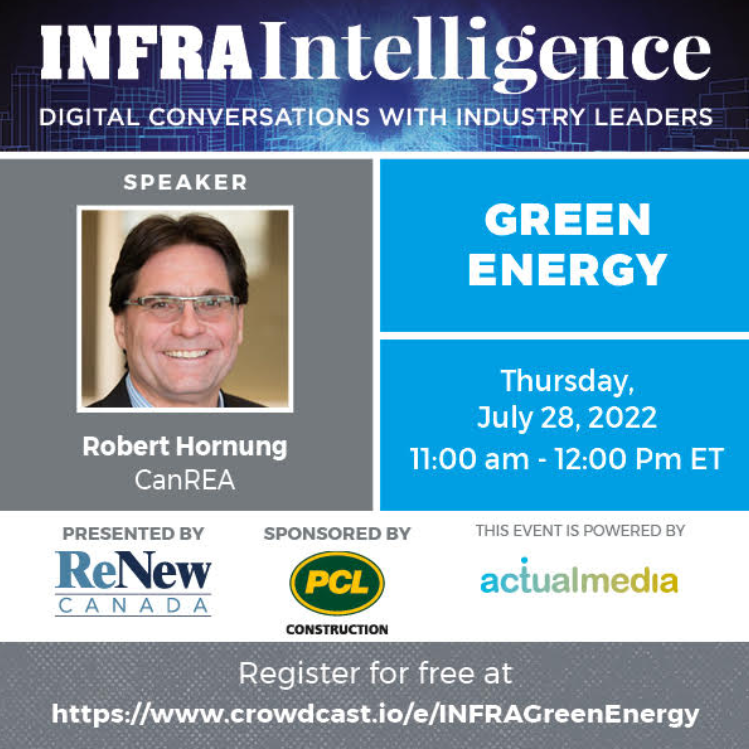 RenewablesAssoc's tweet photo. TOMORROW - CanREA president and CEO @roberthornung2 will be joining @ReNewCanada for the next #INFRAIntelligence event to discuss harnessing #GreenEnergy to achieve #NetZero GHG emissions by 2050. Register for free: https://t.co/4we8LRWuHN https://t.co/joot1pbCW6
