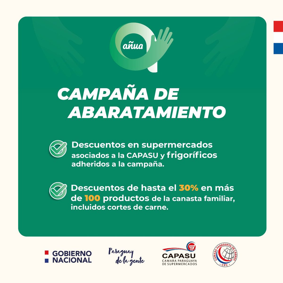 MaritoAbdo's tweet photo. En conjunto con el sector privado, sumamos nuevas medidas #Añua 🇵🇾
Esta campaña de abaratamiento aplicará descuentos en más de 100 productos de la canasta familiar. https://t.co/RdIxcJuOsA