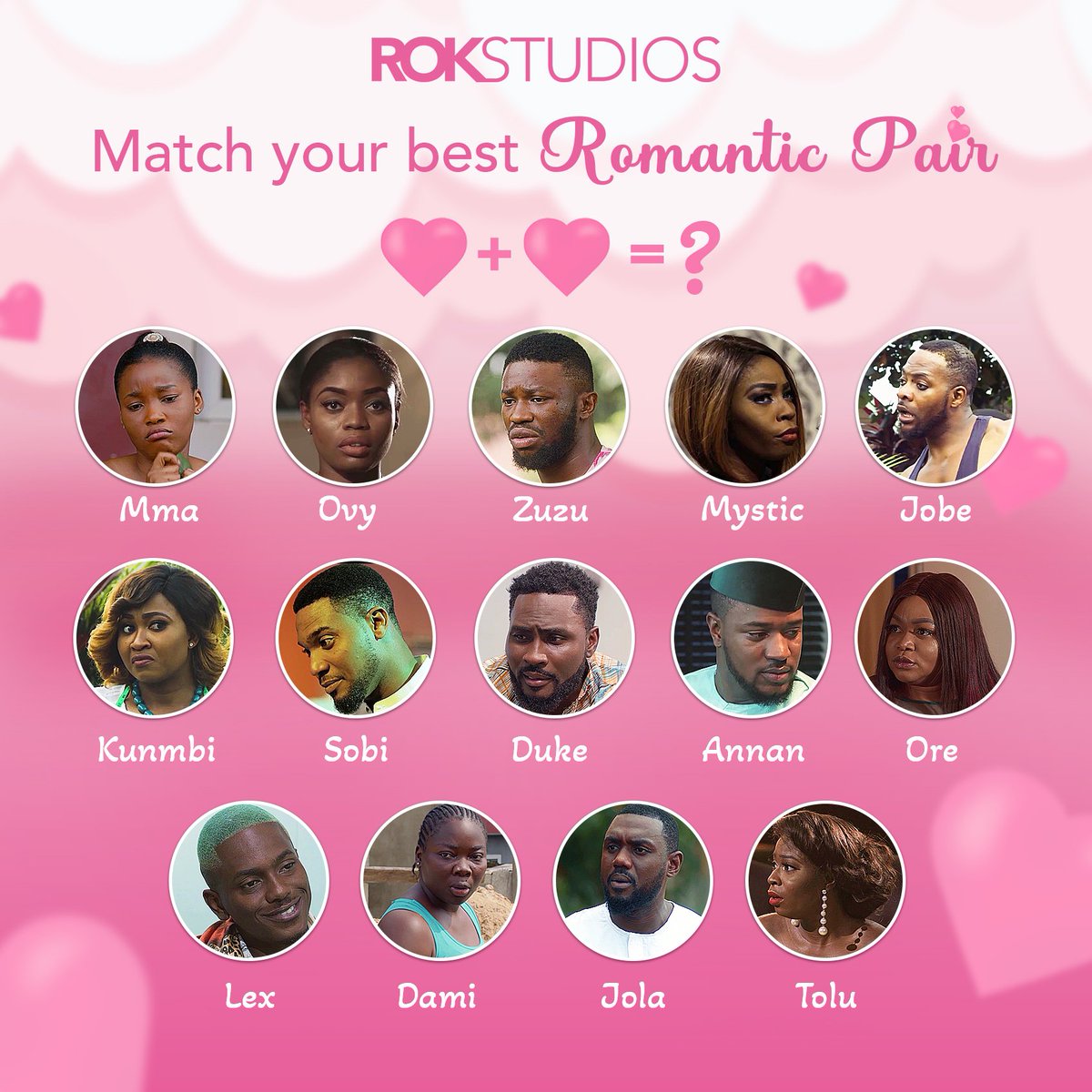 ROKNigeria's tweet photo. Match your best Romantic pair.
Mine will be Sobi + Mystic = Sobi's Mystic ๐
Comment yours ๐
#Rokstudios #FunTime #EngagementPost #Pure #LoveMe #PicturePerfect #Reach #DukeAndDami #SobisMystic #OvysVoice #Nollywoodmovies https://t.co/4DympRHKPg
