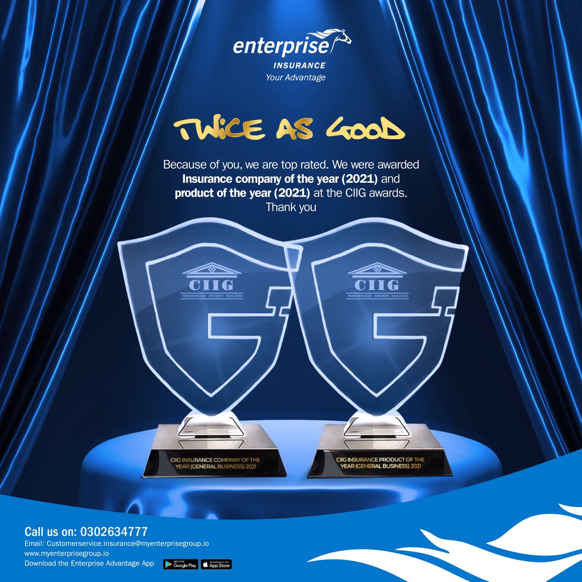 enterprisegh01's tweet photo. Enterprise Insurance had a double win at the recent CIIG awards. 
We were awarded the General Insurance Company of the year &amp; Product of the year with our innovative "Third Party Amplified." https://t.co/u3q2eFJcHu