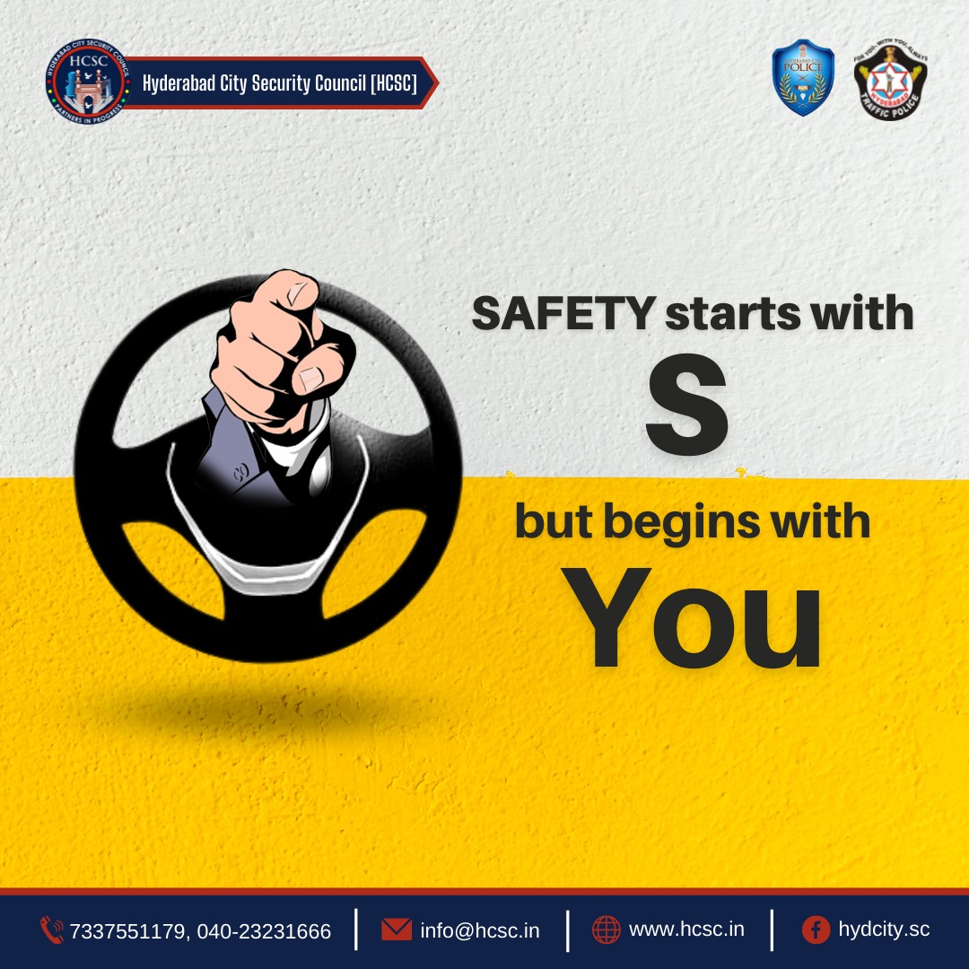 First and foremost, follow all traffic rules for your safety.

#HCSC #HyderabadCitySecurityCouncil #Hyderabad #drivesafely #roadsafety #TrafficRules #accidents #TrafficPolice #safety #SafetyFirst #SadakSurakshaJeevanRaksha 

@hydcitypolice @HYDTP