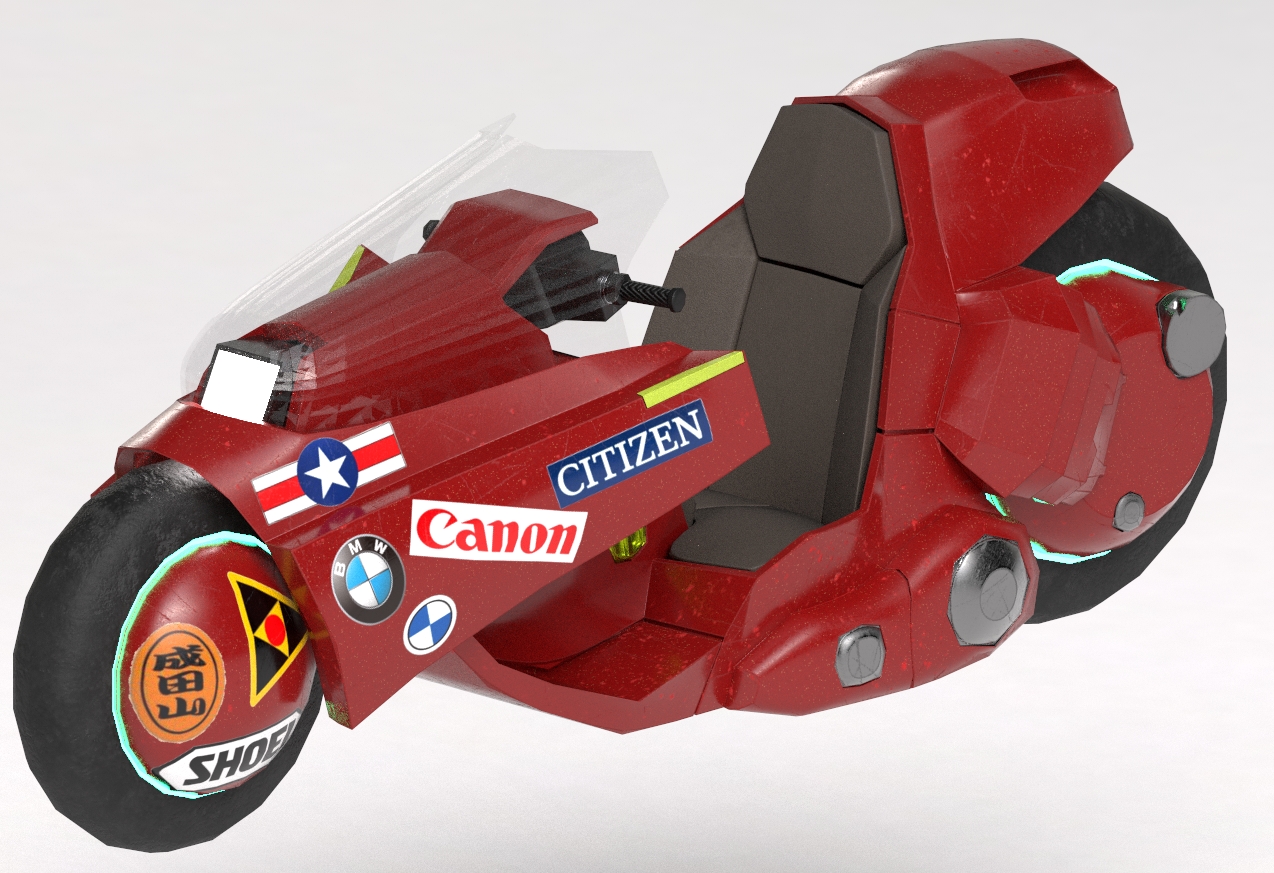 五条銀吾 Rt T23 Tksn 金田のバイク とりあえずテクスチャやっつけてデカール加工 だけど逆側のデカールが模型でしか分からず適当に貼り付けてみた ていうか成田山ステッカーさえこの場所にあれば何を貼り付けても受け入れられそう 3dcg Maya