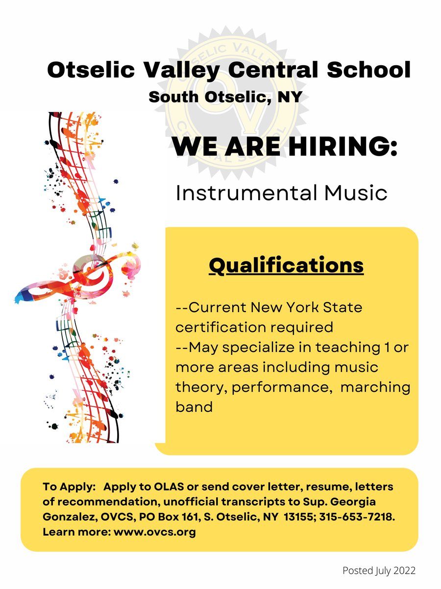 JOB OPPORTUNITY: Instrumental Music Teacher. (We love our Otselic Valley Band! They perform at concerts throughout the year and at community events like parades and ceremonies. Contact us to learn more.)