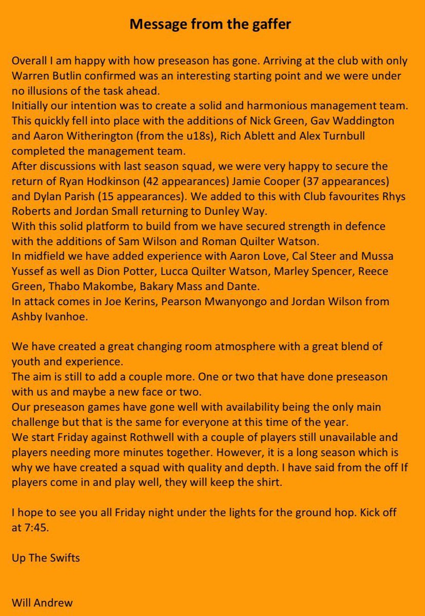 A message from the Gaffer ahead of Fridays season opener at home vs Rothwellon Friday evening. #UpTheSwifts