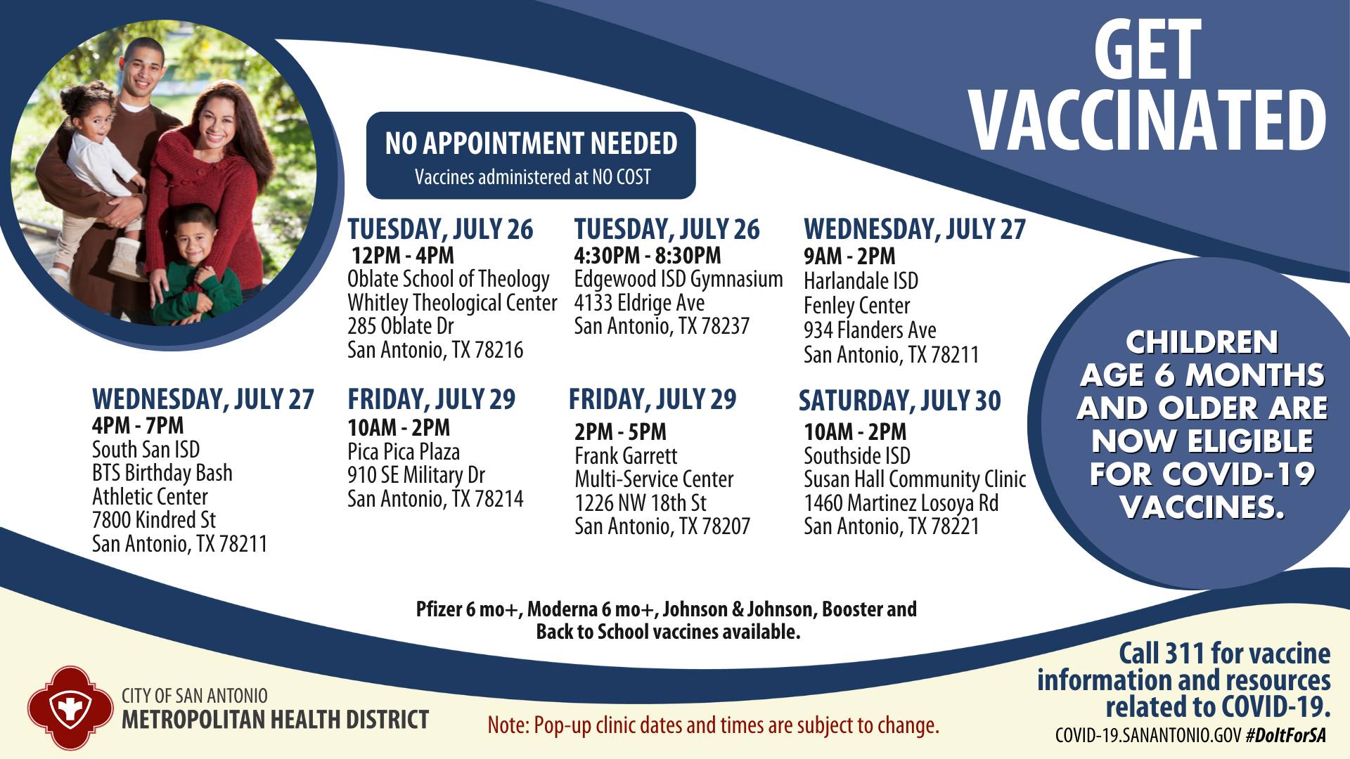 City Of San Antonio No Appointment Needed Here Is The Upcoming Metro Health Hosted Pop Up Covid 19 Vaccine Clinic Hours Across The City Gift Cards Still Available Back To School Vaccines