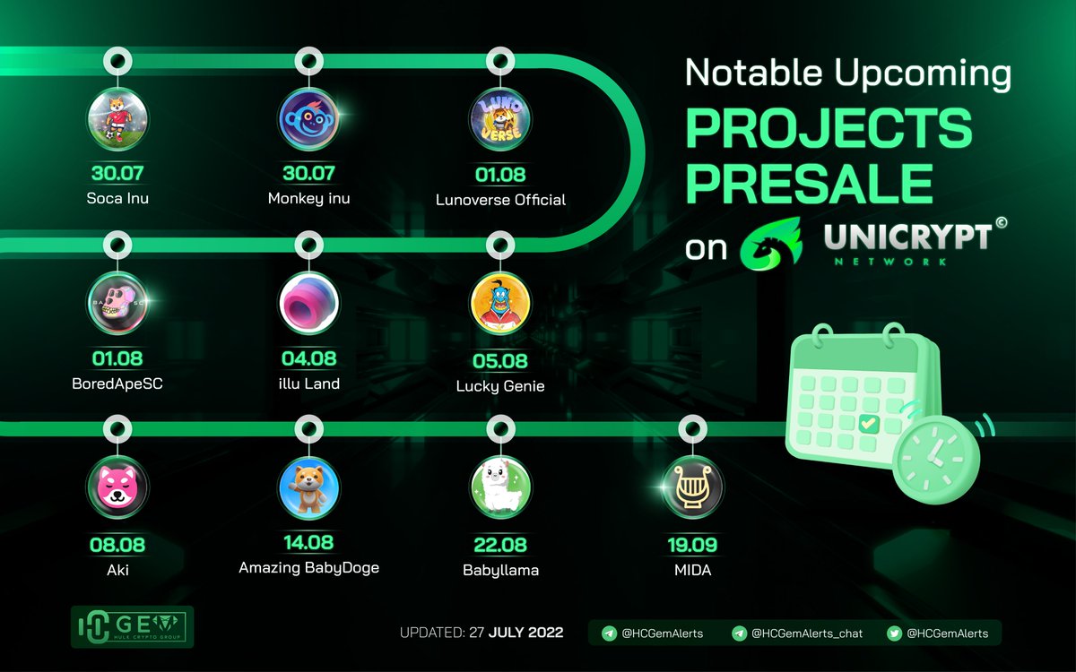 🔥 Notable Upcoming Projects PreSale on <a href="/UNCX_token/">UNCX Network</a> Platform 

<a href="/SocaInu/">Soca Inu</a> <a href="/monkey_inu/">Monkey INU</a> <a href="/Lunoverse_io/">Lunoverse Official</a> <a href="/BoredApeSC_/">BoredApeSC\FREE MINT</a> @illuLand_BSC <a href="/GenieLuckySpin/">Genie</a> @AkiInuToken <a href="/babyllama_io/">Babyllama</a> @MIDANFT 

#HCGem #MEMES #memecoin #Unicypt