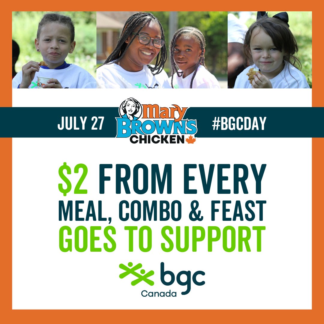 It’s #BGCDay — a day dedicated to supporting BGC Clubs and the incredible work they do to help kids and youth across the country. 

Our amazing partner <a href="/MaryBrowns/">Mary Brown's</a> is donating $2 from every Meal, Combo &amp; Feast, today only.  

#OpportunityChangesEverything