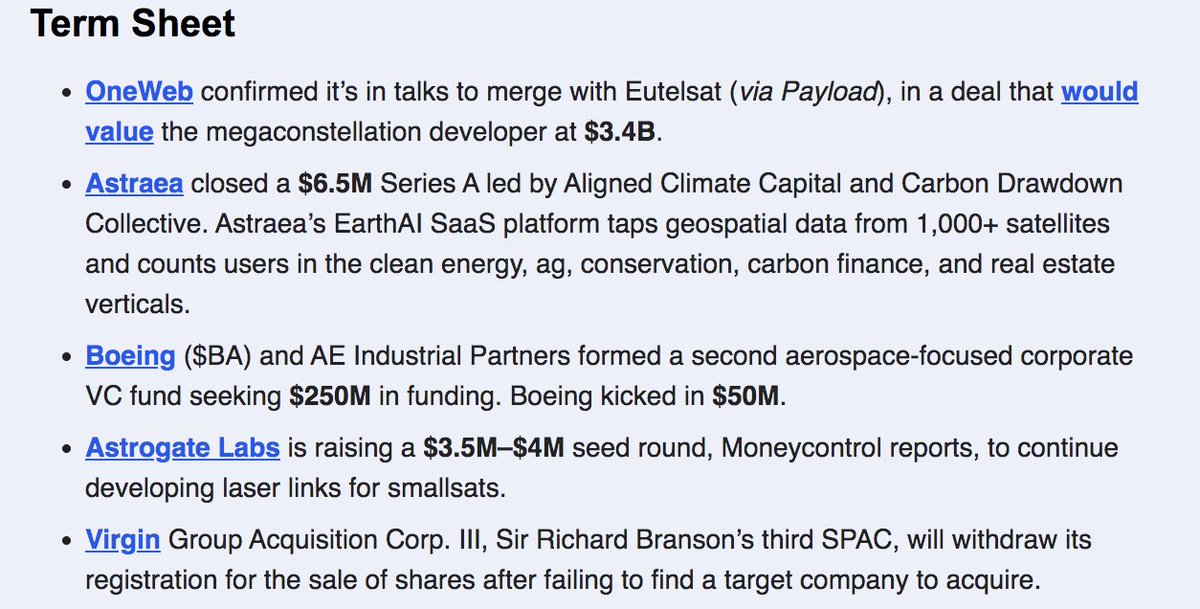 Today's term sheet highlights: 
- @OneWeb in merger talks with <a href="/Eutelsat_SA/">Eutelsat</a> 
- <a href="/AstraeaInc/">Astraea</a> closes $6.5M
- <a href="/Boeing/">The Boeing Company</a> and AE Industrial Partners create new $250M fund 
- <a href="/AstrogateLabs/">Astrogate Labs</a> is raising a seed round