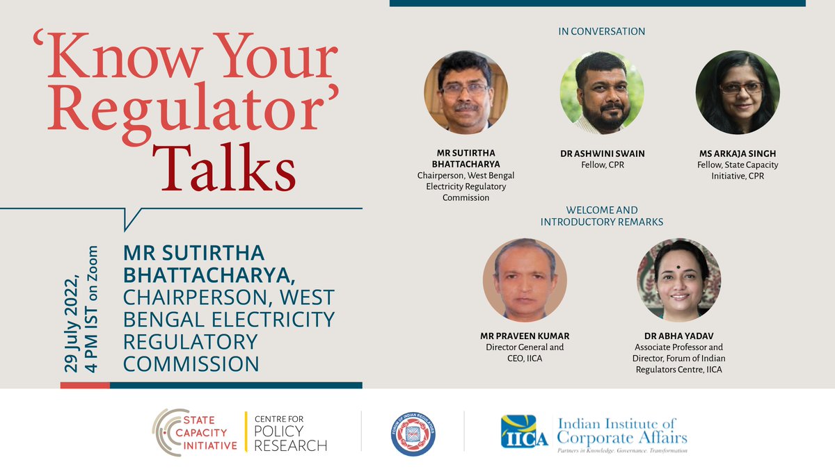 #KnowYourRegulator talk: Mr Sutirtha Bhattacharya, Chairperson, West Bengal Electricity Regulatory Commission also featuring <a href="/AshwiniKSwain/">Ashwini K Swain</a>, <a href="/arkajasingh/">arkajasingh</a>, Praveen Kumar and Abha Yadav 

Friday, 29 July 2022, 4PM IST on Zoom <a href="/IICAOfficial/">Indian Institute of Corporate Affairs</a>

Register: us06web.zoom.us/webinar/regist…