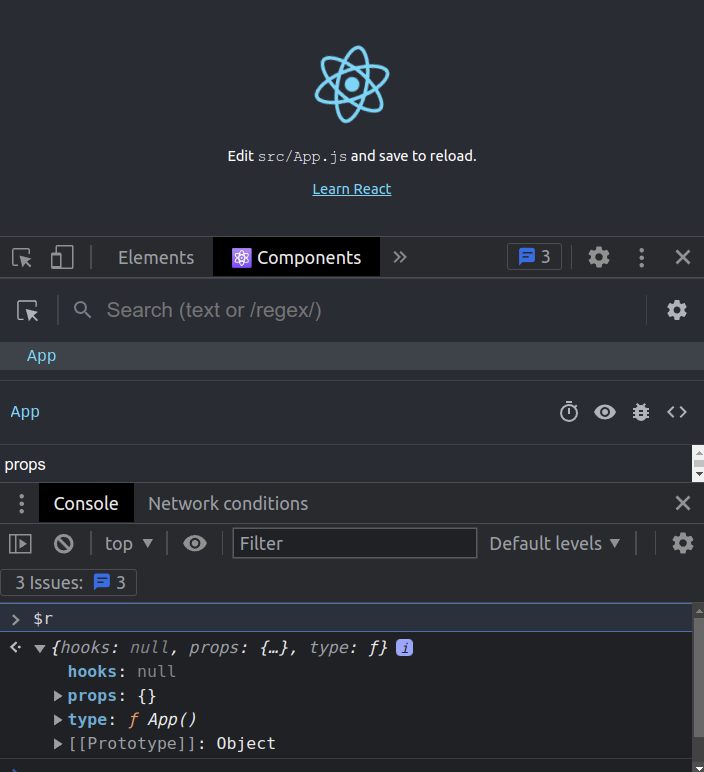 MunifTanjim's tweet photo. TIL:
- Select a component in React DevTools.
- Type `$r` in the console.
- Profit! 🤯

#ReactJS #React https://t.co/iuZbFXrlnv