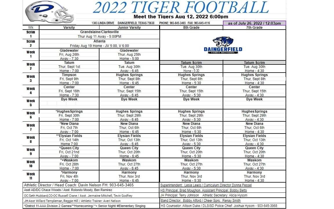 Updated fall football schedule.

GO TIGERS!!!!

The first scrimmage will take place in Grand Saline.