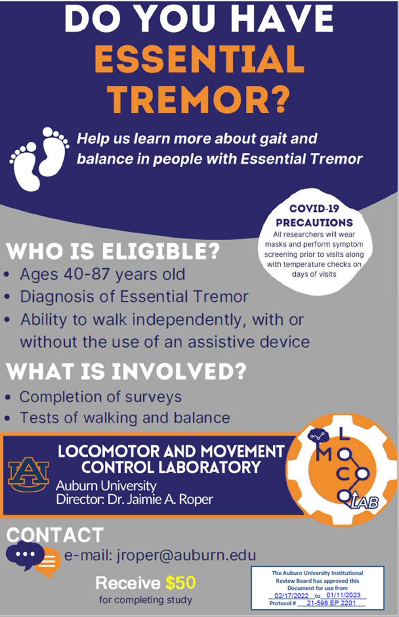 We are looking for people with Essential Tremor to complete some walking & balance tests in a PAID research study. We use motion capture technology to study how the body moves. Email us at jroper@auburn.edu if you have questions or would like to participate.