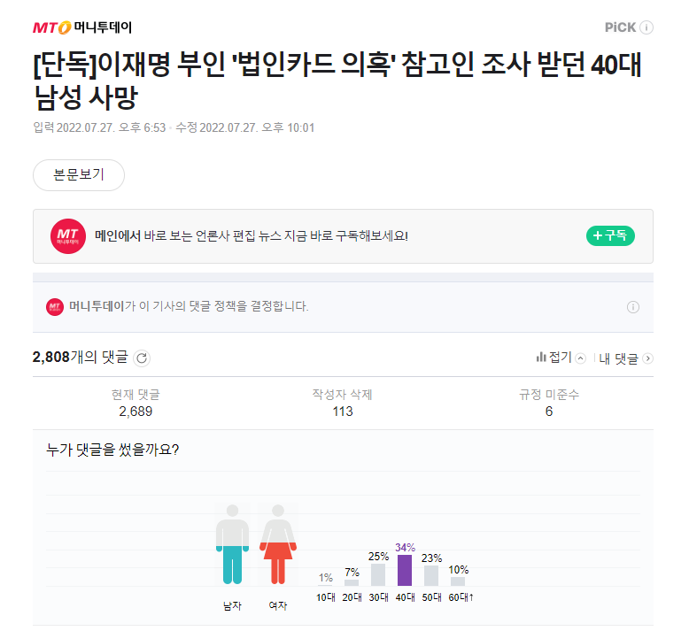 이 기사, 1시간만에 2000여개의 댓글이 달렸는데 태반이 '검찰의 강압 수사 때문'이라는 것이다. 오더가 잘못 내려간 모양이다. 경찰이 수사하고 있는 사건이다.
