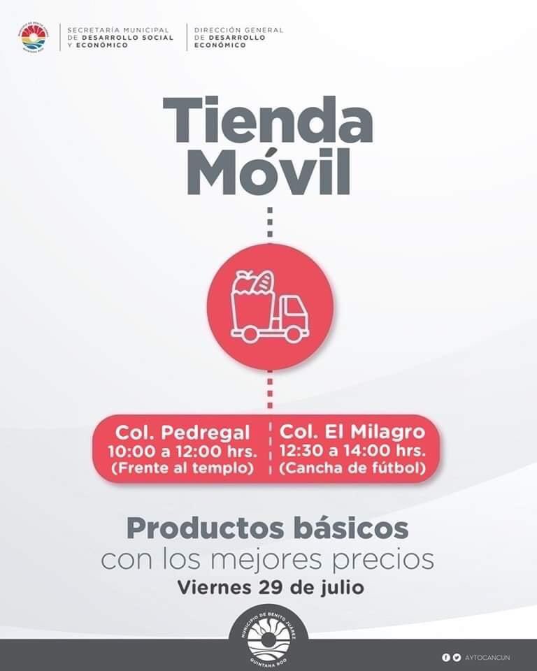 AytoCancun's tweet photo. ¡Productos básicos con los mejores precios! 🌽🍅🥚 El objetivo es el abasto social de productos básicos en las localidades que más lo necesitan. Esta semana la "Tienda Móvil" 🚛 se encontrará en: https://t.co/L9CraT3bD6