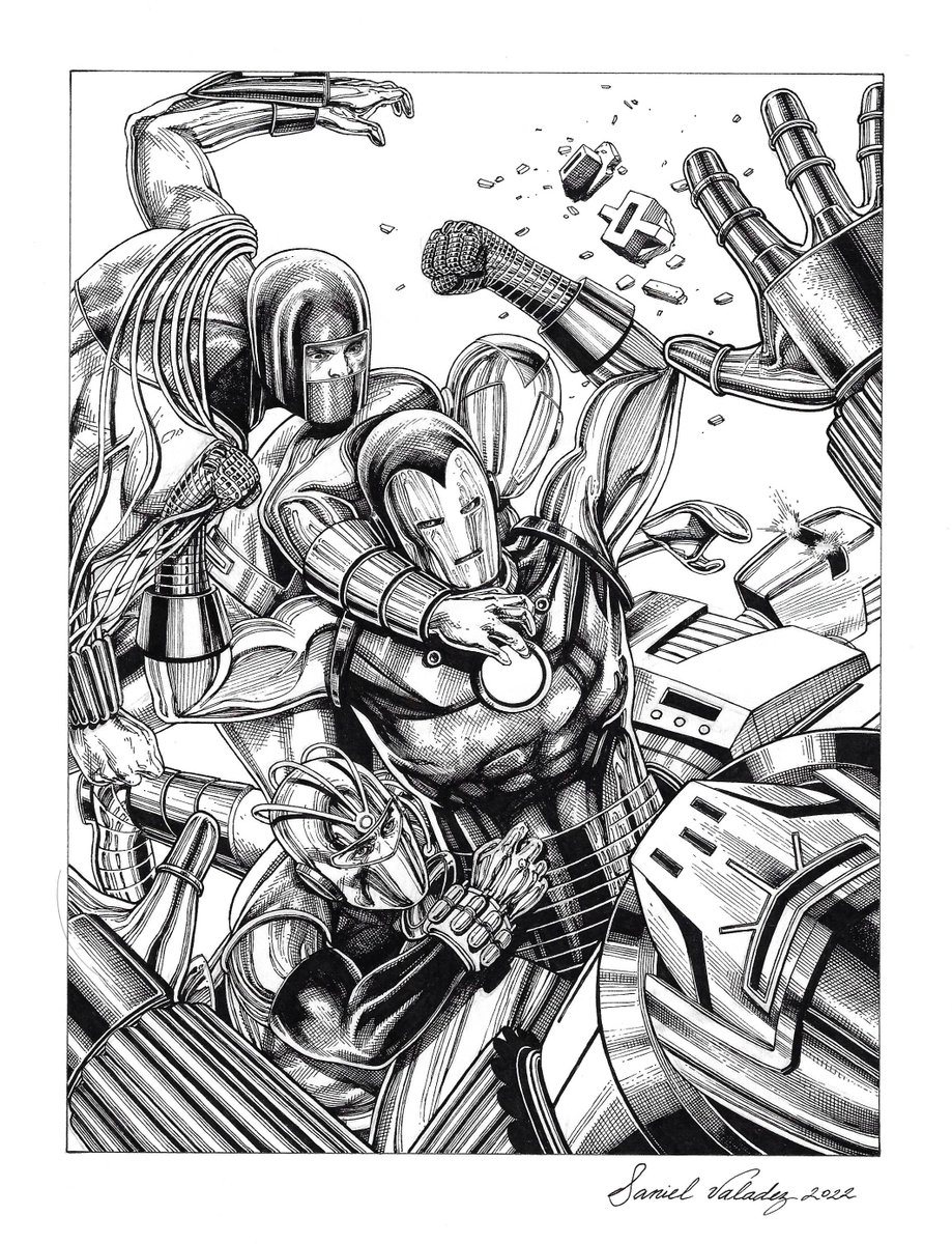 ValadezArtist's tweet image. Iron Man commission finished! Pencils and Inks on Canson paper. Just 6 x 8" but had a lot of fun drawing these guys! #ironman #romspaceknight #crimsondynamo #marvelcomics #comics