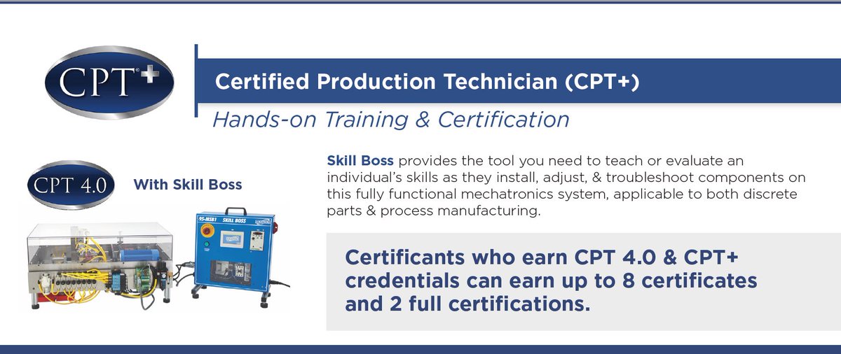 MSSCCredentials's tweet image. Looking to upgrade your #AdvancedManufacturing CTE training with a hands-on learning solution? With  Certified Production Technician (CPT) 4.0 and CPT+ credential programs, students can earn up to 8  credentials while getting hands-on training via @amatrol  #SkillBoss Device!