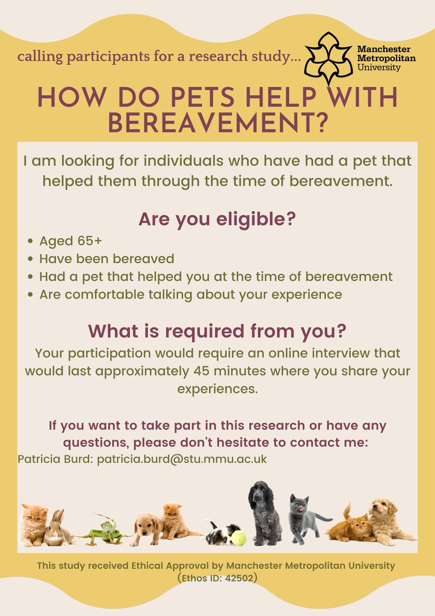 The Age Buster 🇺🇦 (@theagebuster) on Twitter photo Dear Twitter, Patricia Burd from the University of Manchester is looking for pet lovers (65+) who want to share their story about their furry companion for her master's project. See the poster below
<a href="/OldSchool_Info/">OldSchool.Info</a> <a href="/MERVatLLARC/">Mervyn Eastman FRSA</a> <a href="/LiatAyalon/">Liat Ayalon</a> <a href="/JustMeandLilley/">Just Me & Lilley</a> @look4thewoman Dear Twitter, Patricia Burd from the University of Manchester is looking for pet lovers (65+) who want to share their story about their furry companion for her master's project. See the poster below
<a href="/OldSchool_Info/">OldSchool.Info</a> <a href="/MERVatLLARC/">Mervyn Eastman FRSA</a> <a href="/LiatAyalon/">Liat Ayalon</a> <a href="/JustMeandLilley/">Just Me & Lilley</a> @look4thewoman