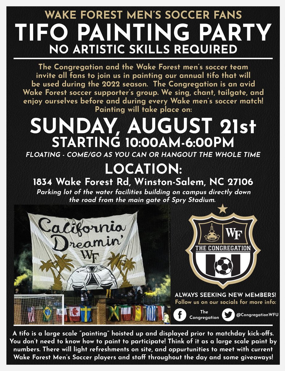 Put your creativity on full display this season at Spry 🎨

Join us and <a href="/CongregationWFU/">The Congregation</a> for our tifo painting party this Sunday! 

#GoDeacs 🎩